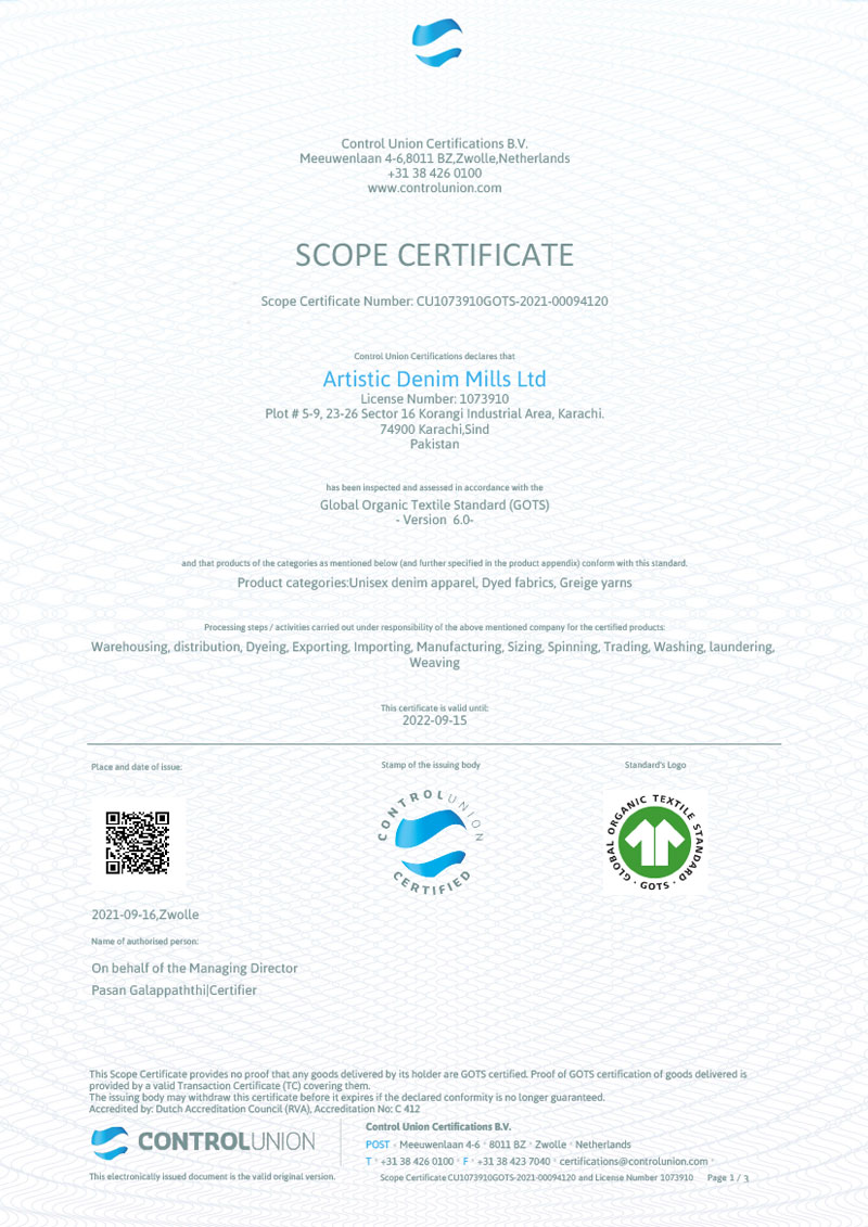 GOTS certified denim manufacturer, Artistic Denim Mills scope certificate page 1