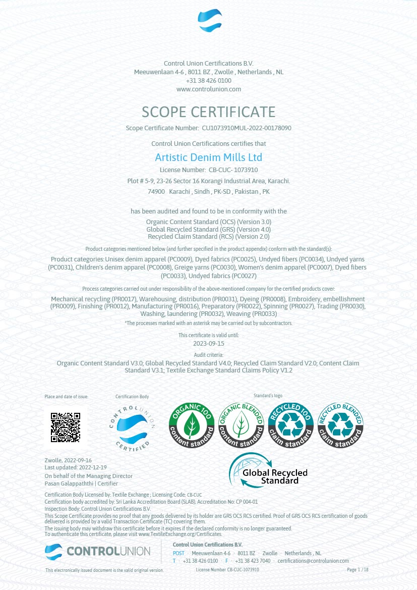 OCS GRS RCS certified denim, ADM certificate page 1