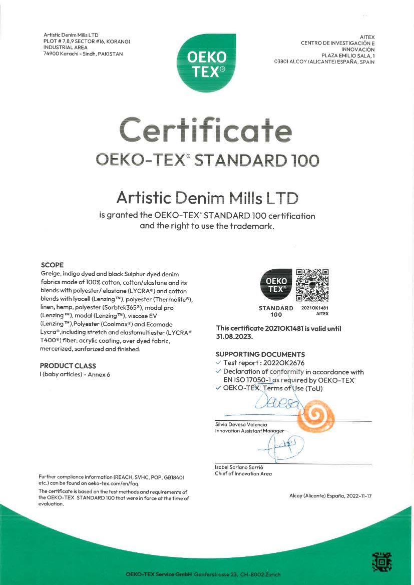 OEKO-TEX Standard 100 certified denim, Artistic Denim Mills