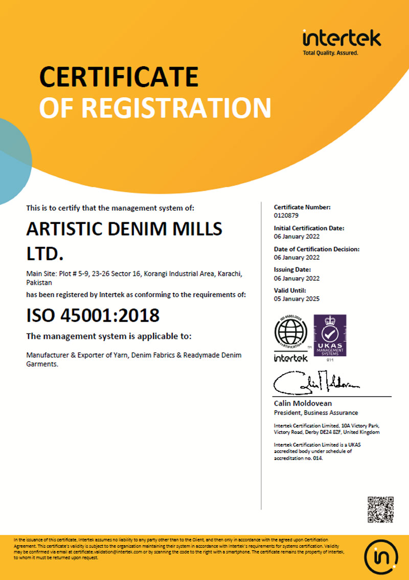 ISO 45001:2018 certified denim manufacturer, ADM