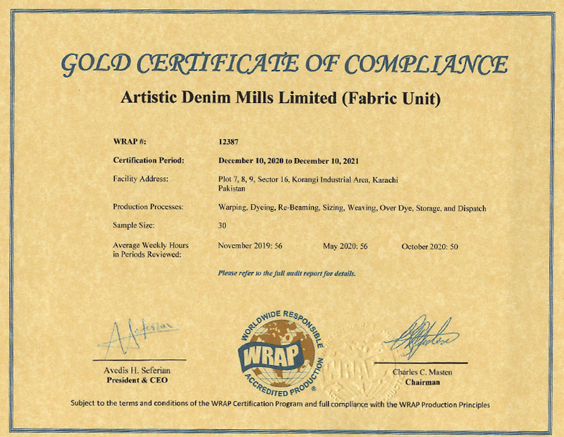 WRAP certified denim manufacturer, Artistic Denim Mills